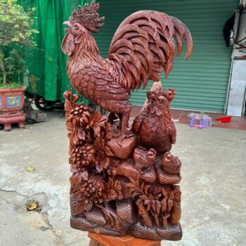 Tượng Gỗ Gia Đình Gà Khắc Thủ Công Từ Gỗ Ngọc Am