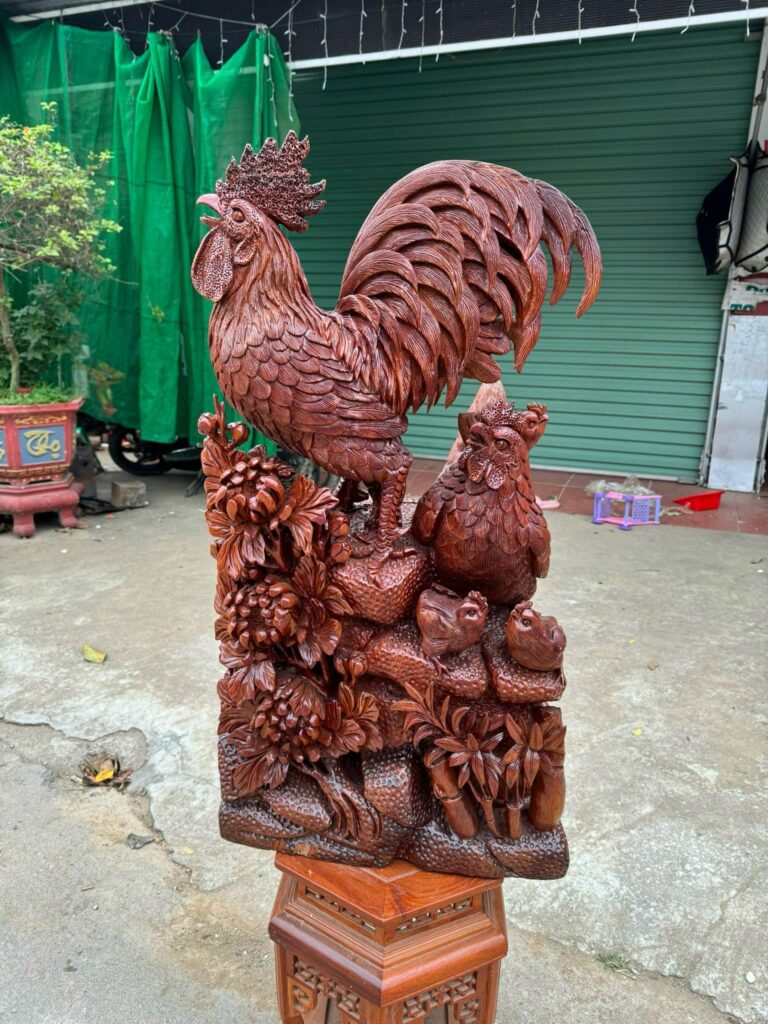 Tượng gỗ gia đình gà khắc thủ công từ gỗ ngọc am