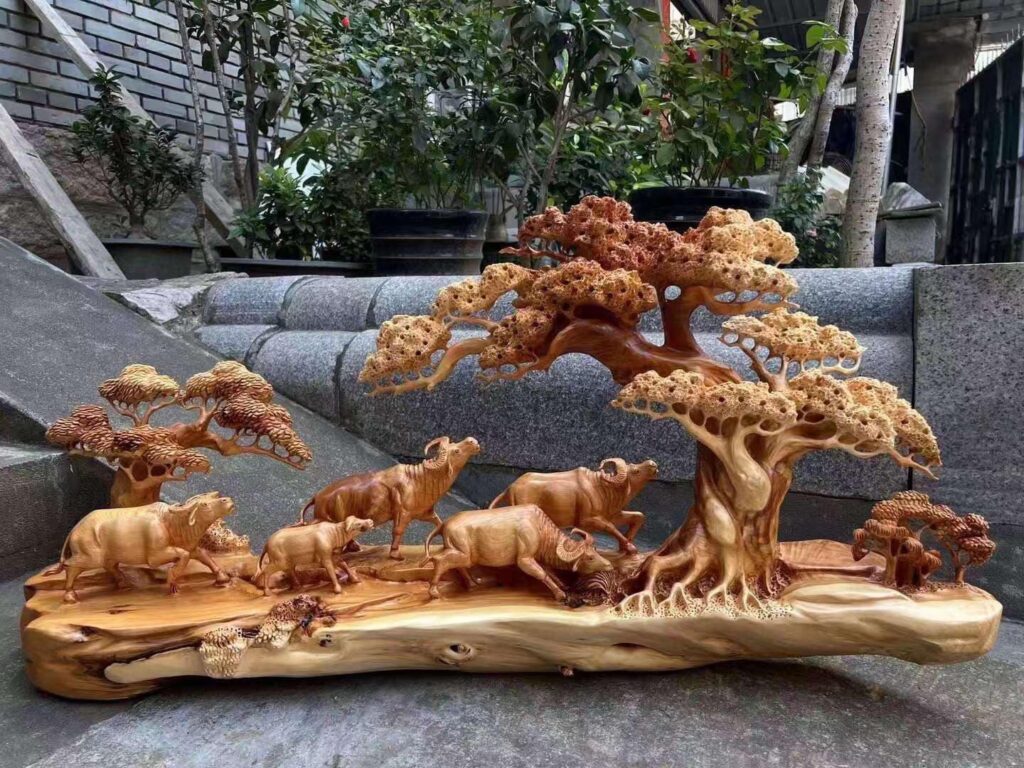Tượng Gỗ Ngũ Ngưu Nạp Tài Điêu Khắc Thủ Công Từ Gỗ Nhai Bách Thơm Ngọt Tự Nhiên