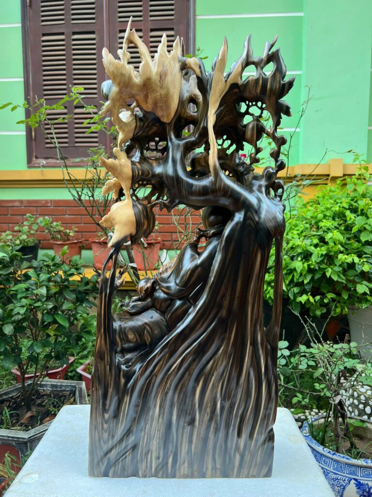 Tượng Gỗ Cụ Thọ Đứng Gốc Đào Khắc Thủ Công Từ Gỗ Mun Hoa