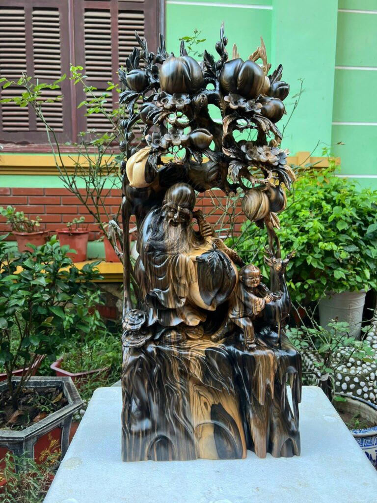 Tượng Gỗ Cụ Thọ Đứng Gốc Đào Khắc Thủ Công Từ Gỗ Mun Hoa