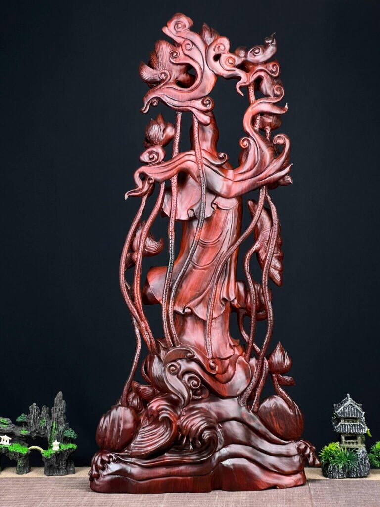 Tượng Gỗ Phật Quan Âm Khắc Thủ Công Từ Gỗ Trắc Đỏ Đen