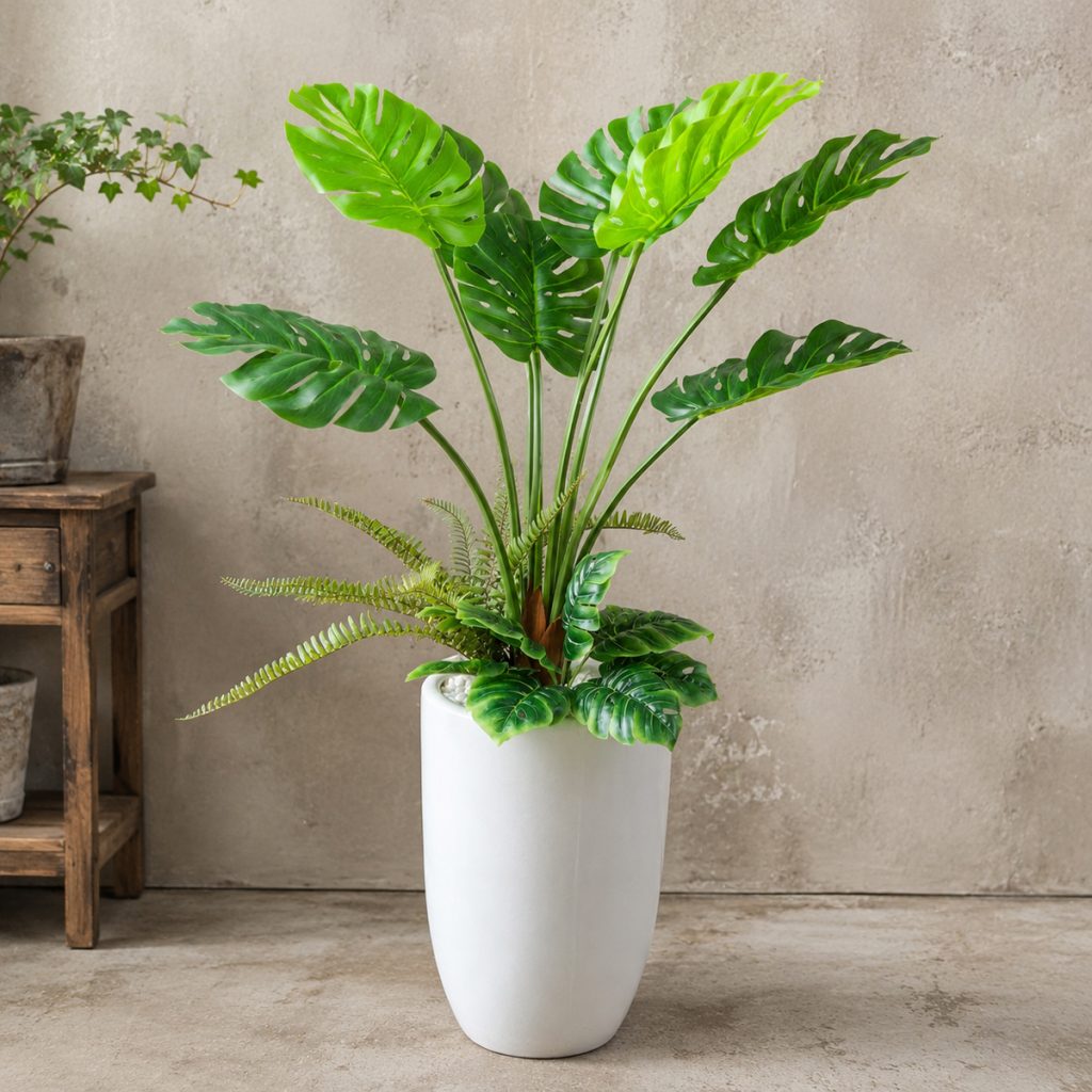Cây trầu bà giả Monstera chậu sứ trắng cao 1m2