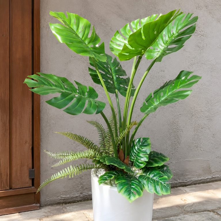 Cây Monstera giả phối dương xỉ trong chậu sứ trắng