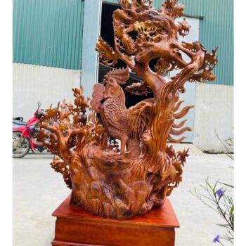 Tượng Gia Đình Gà 4 Mùa Hoa Phù Dung – Gỗ Hương Việt Cao 155cm – TPTG 06