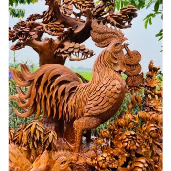 Tượng Gia Đình Gà 4 Mùa Hoa Phù Dung – Gỗ Hương Việt Cao 155cm – TPTG 06