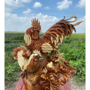 Tượng Gia Đình Gà Hoa Phù Dung Linh Vật Phong Thủy – Gỗ Hương Tuyệt Đẹp – TPTG 04