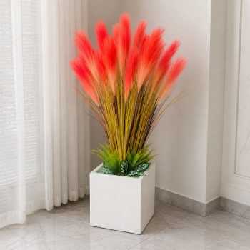 Cỏ lau giả màu hồng cam cao 80cm nổi bật, ấn tượng kèm chậu đá mài trắng