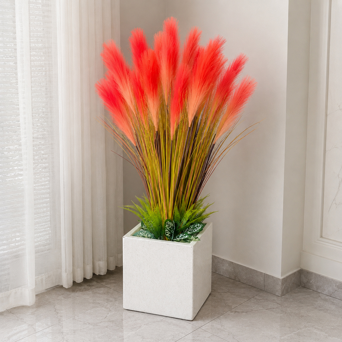 Chậu-bông-lau-giả-màu-hồng-cam-1 Chậu cỏ lau giả hồng cam cao 80cm, chậu đá mài trắng