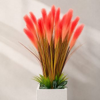 Cỏ lau giả màu hồng cam cao 80cm nổi bật, ấn tượng kèm chậu đá mài trắng