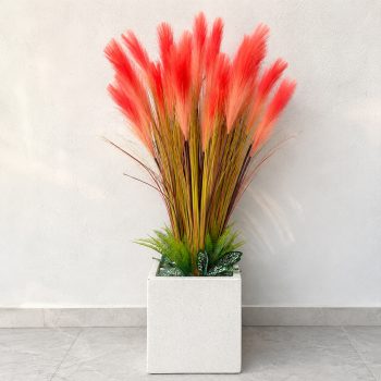 Cỏ lau giả màu hồng cam cao 80cm nổi bật, ấn tượng kèm chậu đá mài trắng
