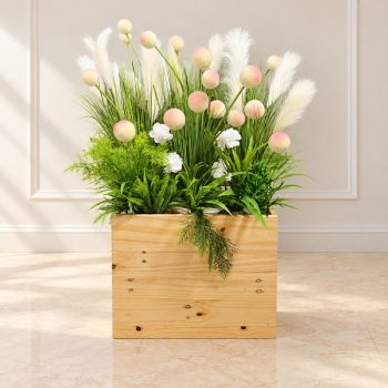 Bồn Hoa Giả Chậu Gỗ Phối Cỏ Lau Trang Trí Nội Thất