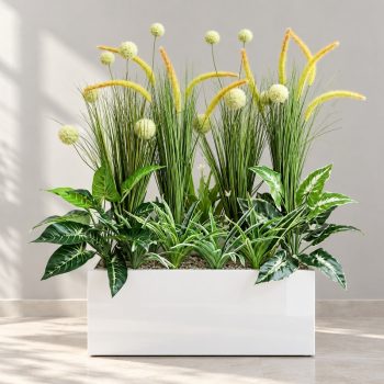 Bồn Cỏ Đuôi Chồn Giả Chậu Trắng Bóng Trang Trí Nội Thất